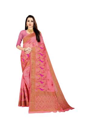 Pink woven banarasi silk saree with blouse 1