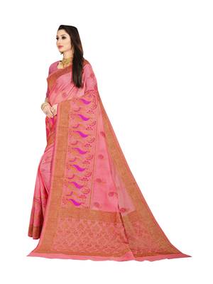 Pink woven banarasi silk saree with blouse 2
