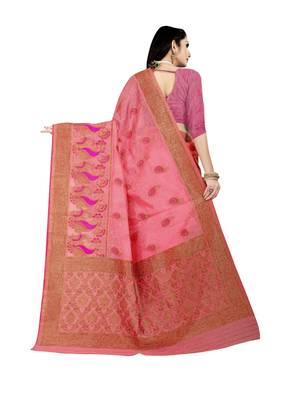 Pink woven banarasi silk saree with blouse 3