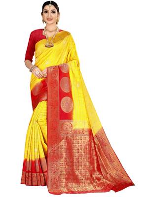 Yellow woven banarasi silk saree with blouse 1