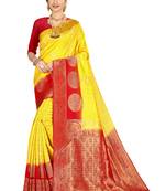 Yellow woven banarasi silk saree with blouse