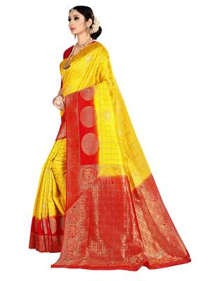 Yellow woven banarasi silk saree with blouse 2