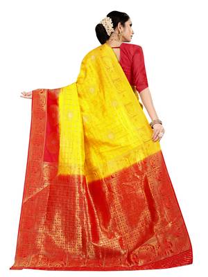 Yellow woven banarasi silk saree with blouse 3