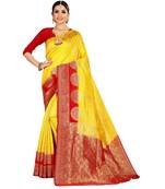 Yellow woven banarasi silk saree with blouse