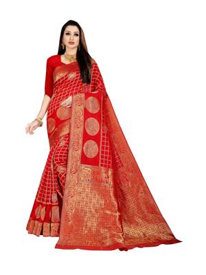 Red woven banarasi silk saree with blouse 1