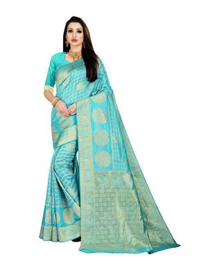 Blue woven banarasi silk saree with blouse 1