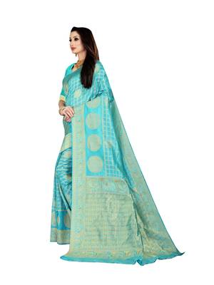 Blue woven banarasi silk saree with blouse 2