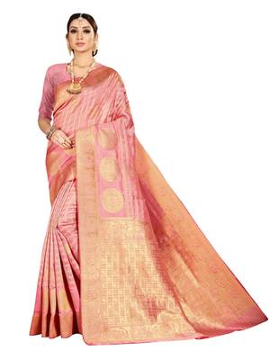 Pink woven banarasi silk saree with blouse 1