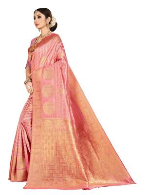 Pink woven banarasi silk saree with blouse 2