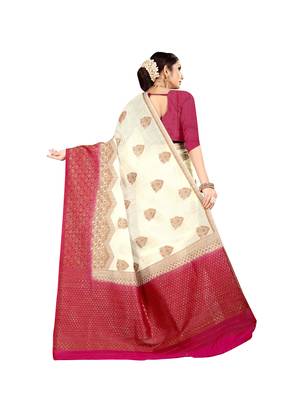 White woven banarasi silk saree with blouse 3