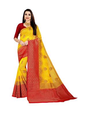 Yellow woven banarasi silk saree with blouse 1