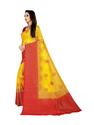 Yellow woven banarasi silk saree with blouse 2