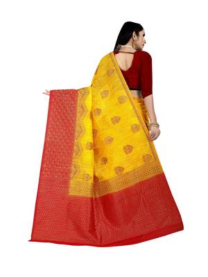 Yellow woven banarasi silk saree with blouse 3