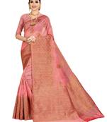 Pink woven banarasi silk saree with blouse