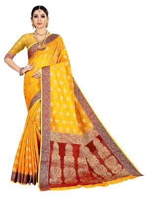 Yellow woven banarasi silk saree with blouse 1