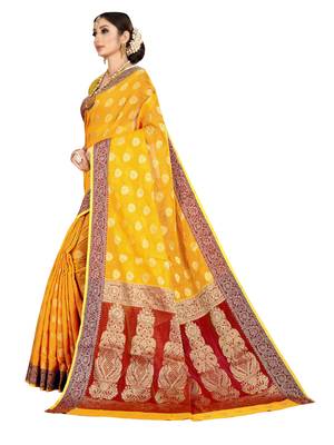 Yellow woven banarasi silk saree with blouse 2