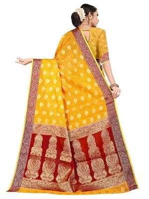 Yellow woven banarasi silk saree with blouse 3