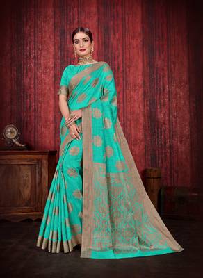 Aqua blue woven art silk saree with blouse 1