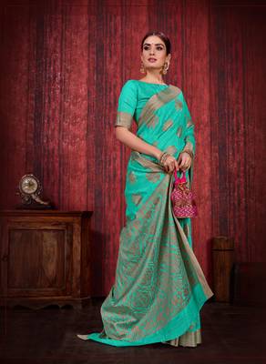 Aqua blue woven art silk saree with blouse 2