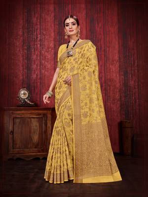 Yellow woven art silk saree with blouse 1