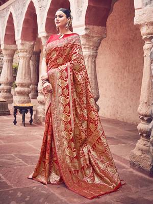 Red woven art silk saree with blouse 1