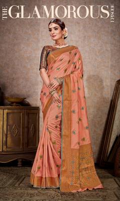 Peach woven art silk saree with blouse 1