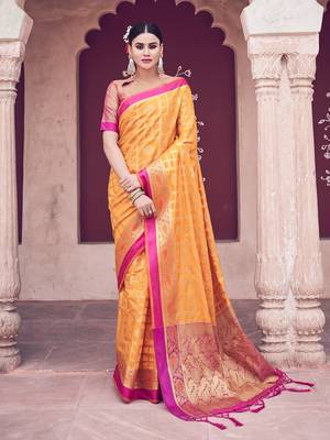 Yellow woven cotton saree with blouse 1