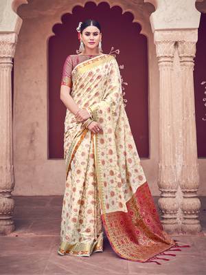 Cream woven cotton saree with blouse 1