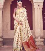 Cream woven cotton saree with blouse