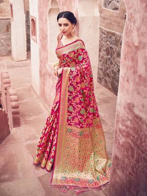 Pink woven cotton saree with blouse 1