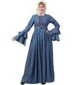 Designer Denim Abaya With Bell Sleeves