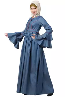 Designer Denim Abaya With Bell Sleeves