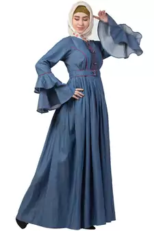 Designer Denim Abaya With Bell Sleeves