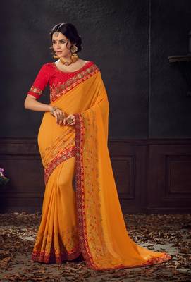 Yellow embroidered poly silk saree with blouse 1