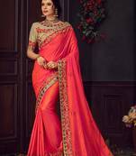 Red embroidered poly silk saree with blouse
