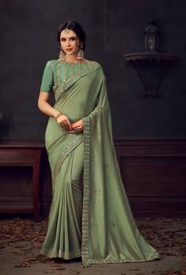 Olive embroidered poly silk saree with blouse 1