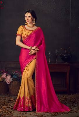 Pink embroidered poly silk saree with blouse 1