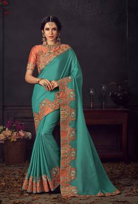 Turquoise embroidered poly silk saree with blouse 1