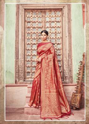 Red woven art silk saree with blouse 1