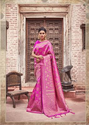 Pink woven art silk saree with blouse 1
