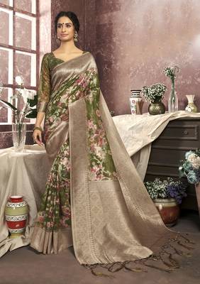 Green woven cotton saree with blouse 1