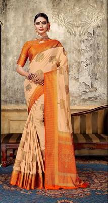 Cream woven art silk saree with blouse 1