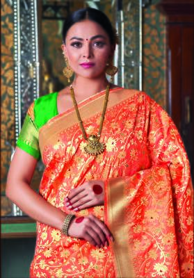 Orange woven art silk saree with blouse 2