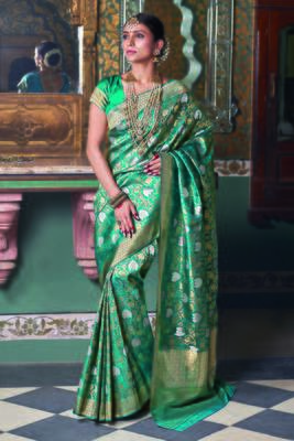 Teal woven art silk saree with blouse 1