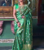 Teal woven art silk saree with blouse