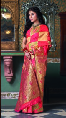 Pink woven art silk saree with blouse 1