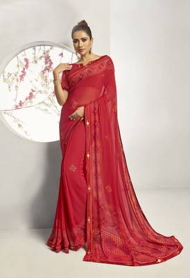 Red woven georgette saree with blouse 1