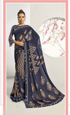 Navy blue woven georgette saree with blouse 1
