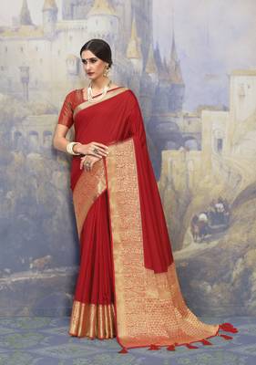 Red woven art silk saree with blouse 1