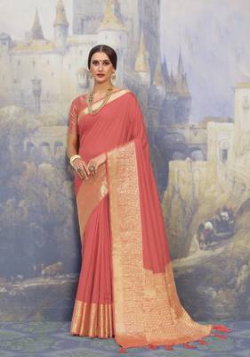 Peach woven art silk saree with blouse 1